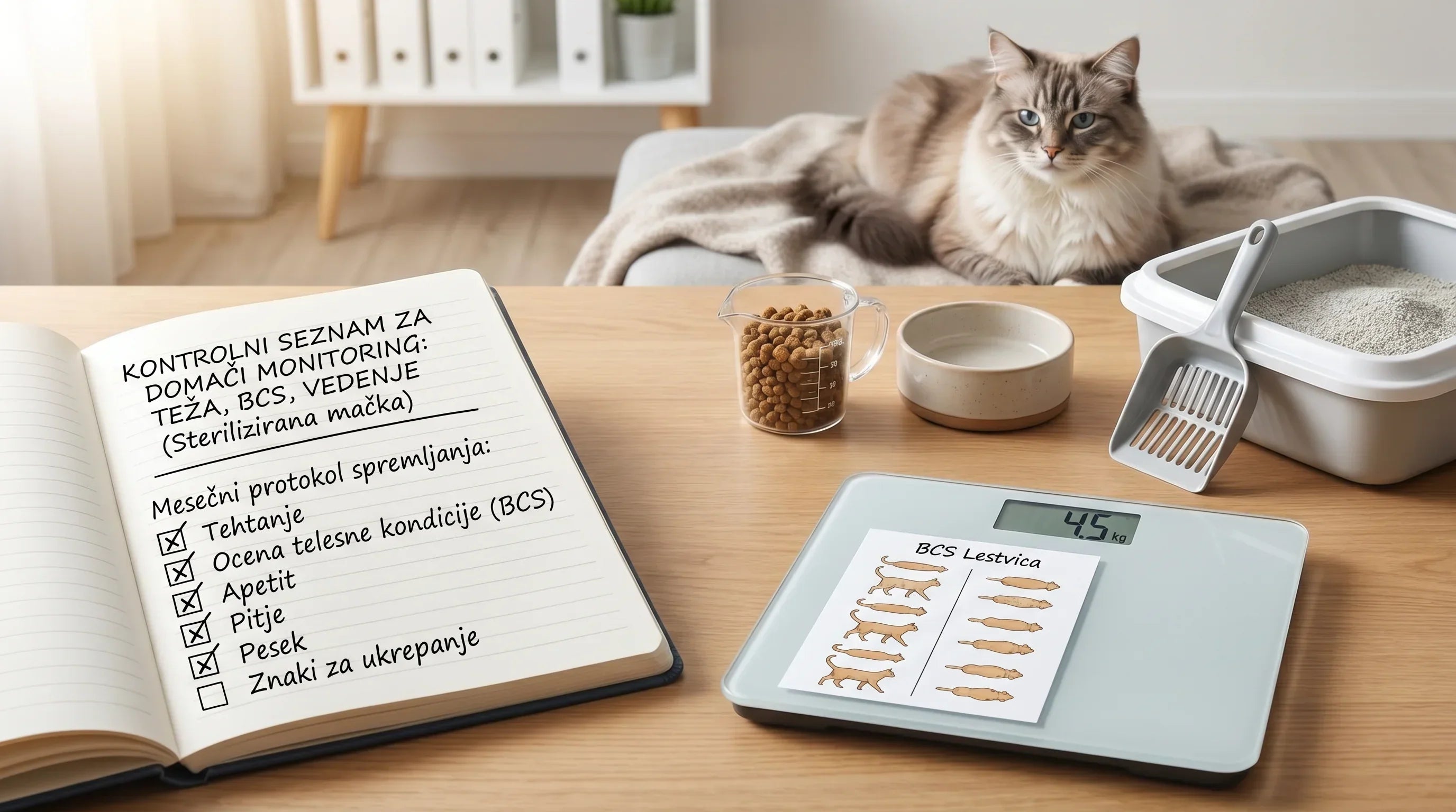 Kontrolni seznam za domači monitoring: teža, BCS in vedenje pri sterilizirani mački