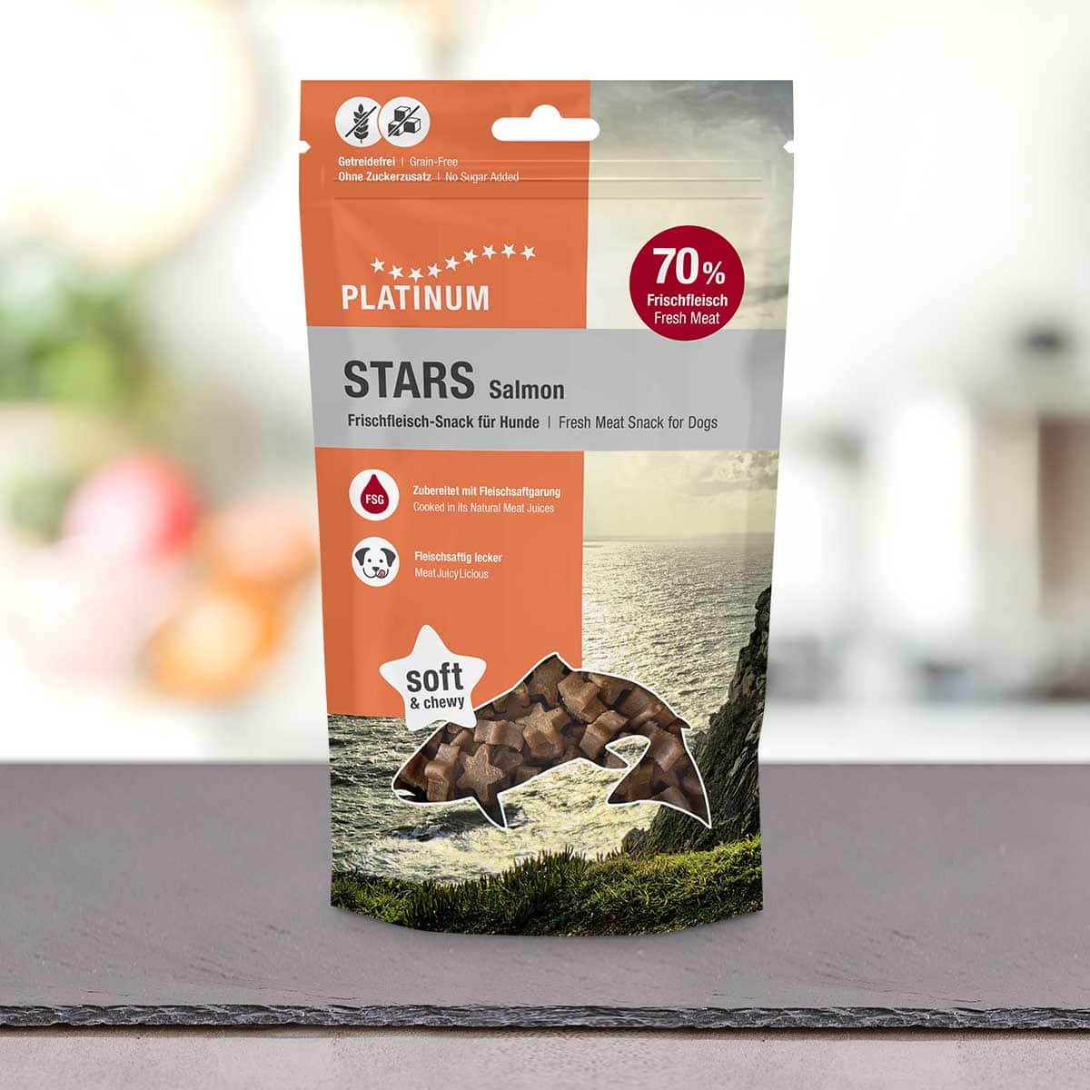 Na pultu z oblačnim nebom in vodo v ozadju je razstavljena stoječa vrečka z lososom PLATINUM Salmon Stars 185 g - nagrada iz svežega lososa, ki ga bo tvoj pes oboževal. Na embalaži je poudarjeno 70 % svežega mesa ter mehki in žvečljivi priboljški.
