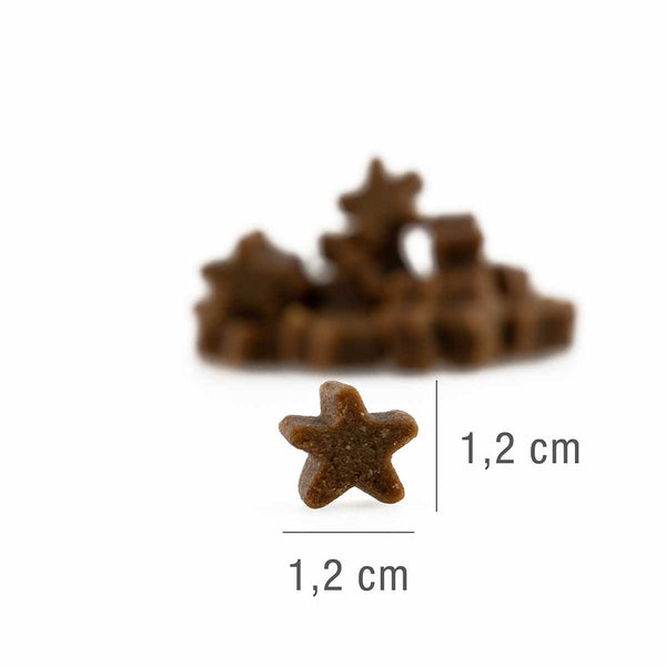 Na izostreni sliki je majhen, rjav priboljšek v obliki zvezde (1,2 x 1,2 cm), verjetno PLATINUM Salmon Stars 185g - Nagrada iz Svežega Lososa, na katerem so razmazani drugi priboljški in merilne črte, ki poudarjajo njegovo velikost.