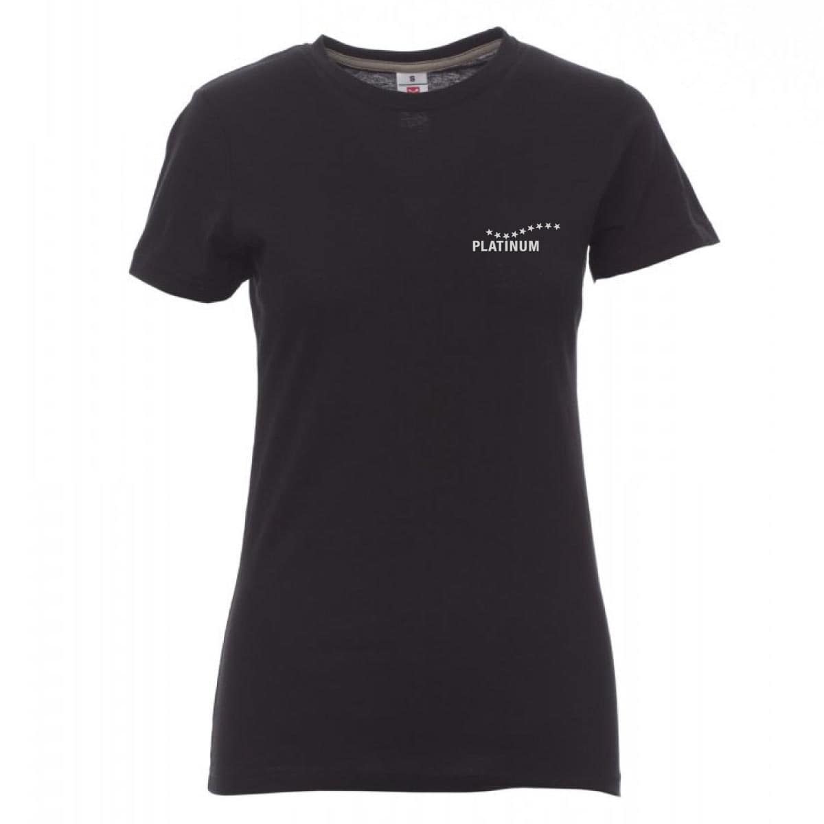 Ekskluzivna ženska majica PLATINUM - tvoja nagrada za zvestobo! v črni barvi s kratkimi rokami, belim logotipom PLATINUM in petimi zvezdicami na prsih-popolna izbira za ljubiteljice kakovostnih oblačil.