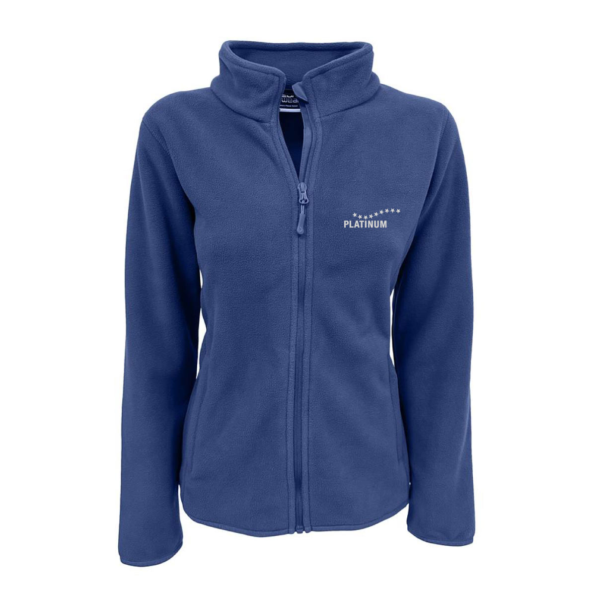 Ekskluzivna ženska modra obleka je kotna PLATINUM z zadrgo, dolgimi rokavi in stoječim ovratnikom. Na levi strani prsnega koša je bel logotip in napis PLATINUM. Popolna izbira za lastnice psov, prikazana na belem ozadju.